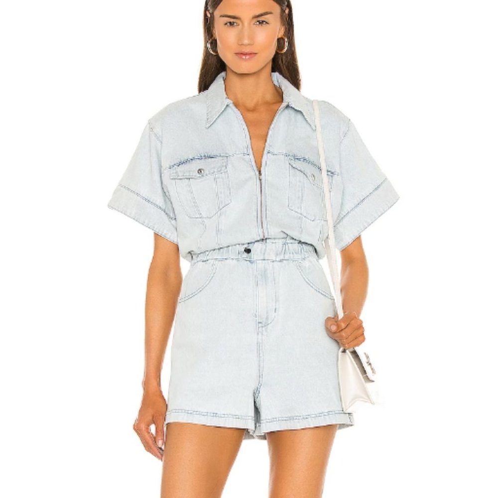 WeWoreWhat Flight Romper in Light Icy Wash REVOLVE MEDIUM
